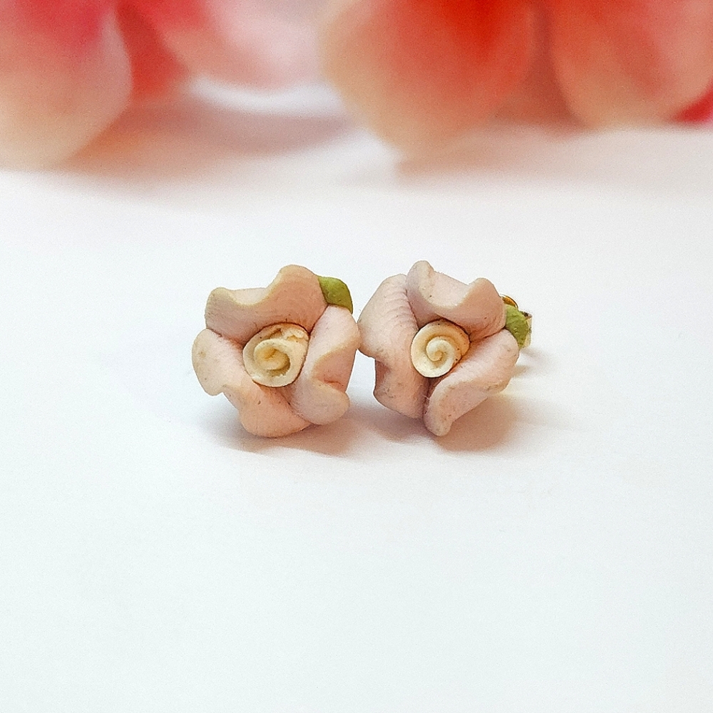 Handmade Pink Clay Gold Tone Stud Earrings